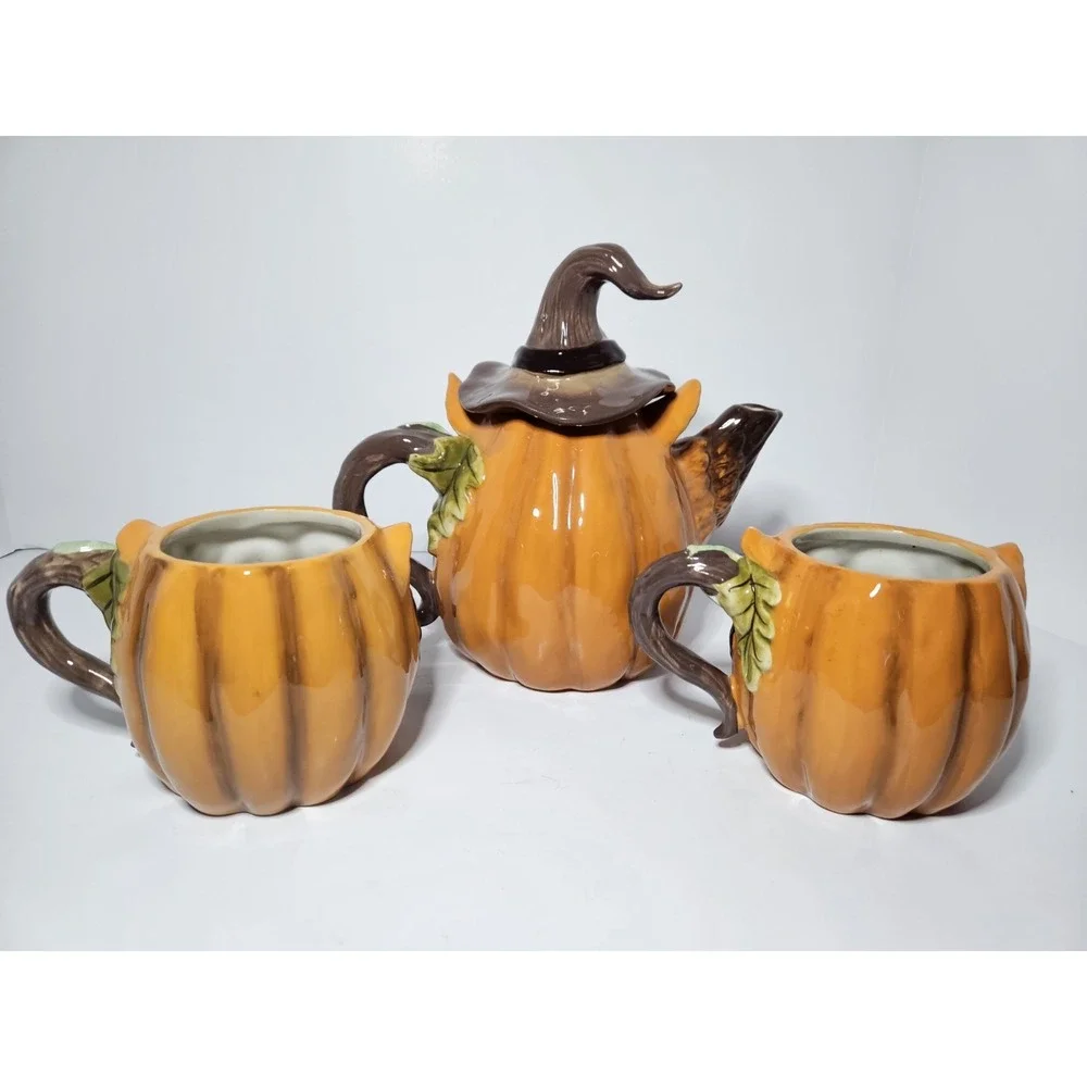 Cracker Barrel Stoneware Witch Pumpkin Owl Tea Pot Mug Cup 3 piece Halloween